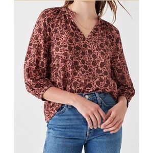 Faherty Top Womens XS Artisan Block Portia Ruffles Flowy Blouse Boho Artsy Indie